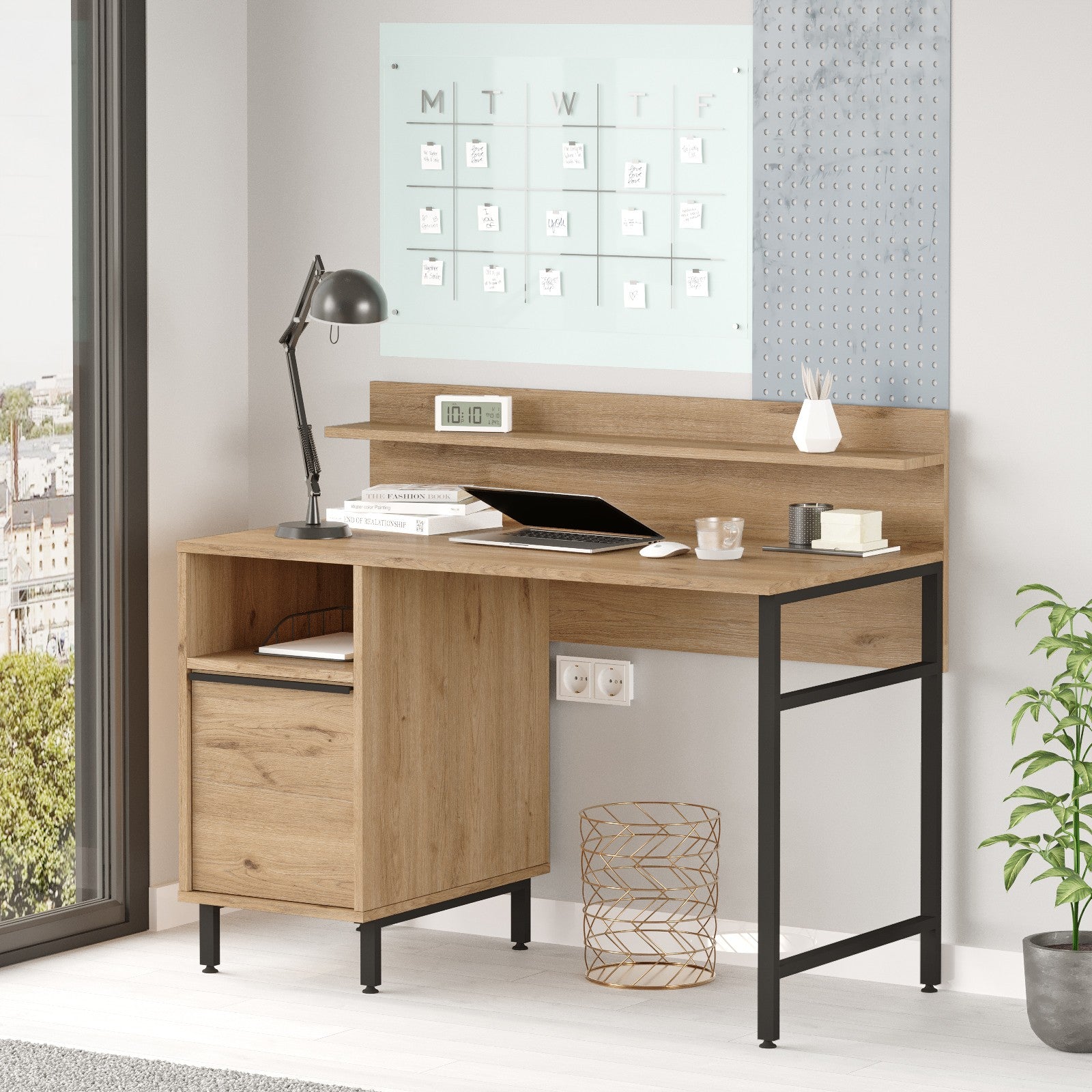 Bureau avec rangement et étagère Evelis L120cm Bois clair