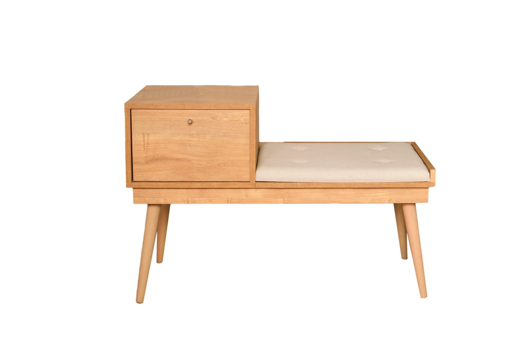 Banc avec rangement Avilone Bois massif Chêne clair et Tissu Blanc crème