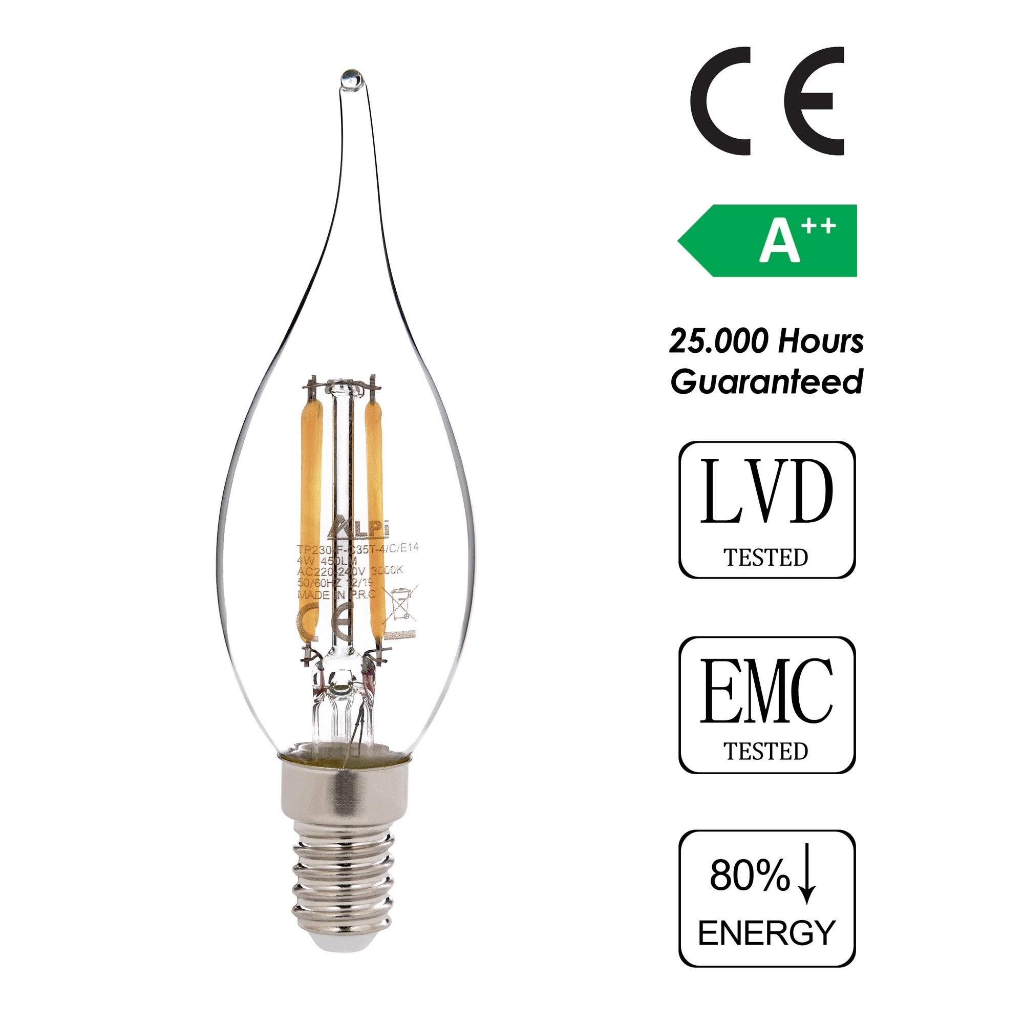 Ampoule coup de vent LED E14 Claritas 3000K 4 Watt Verre Transparent