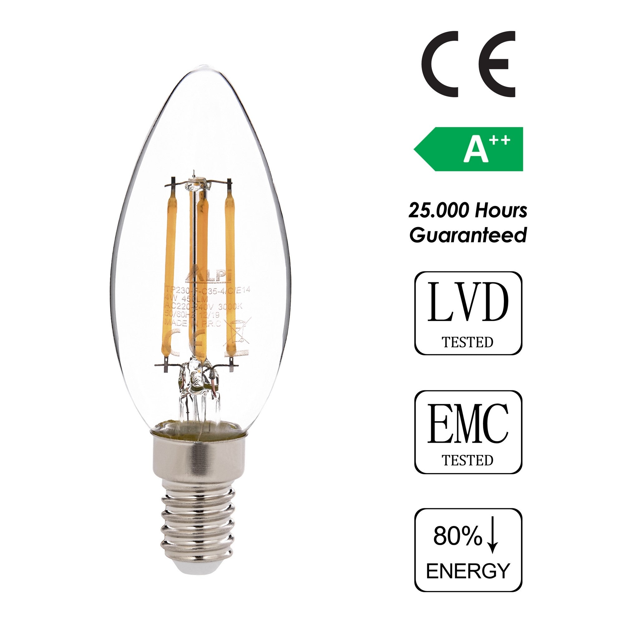 Ampoule flamme LED E14 Claritas 3000K 4 Watt Verre Transparent