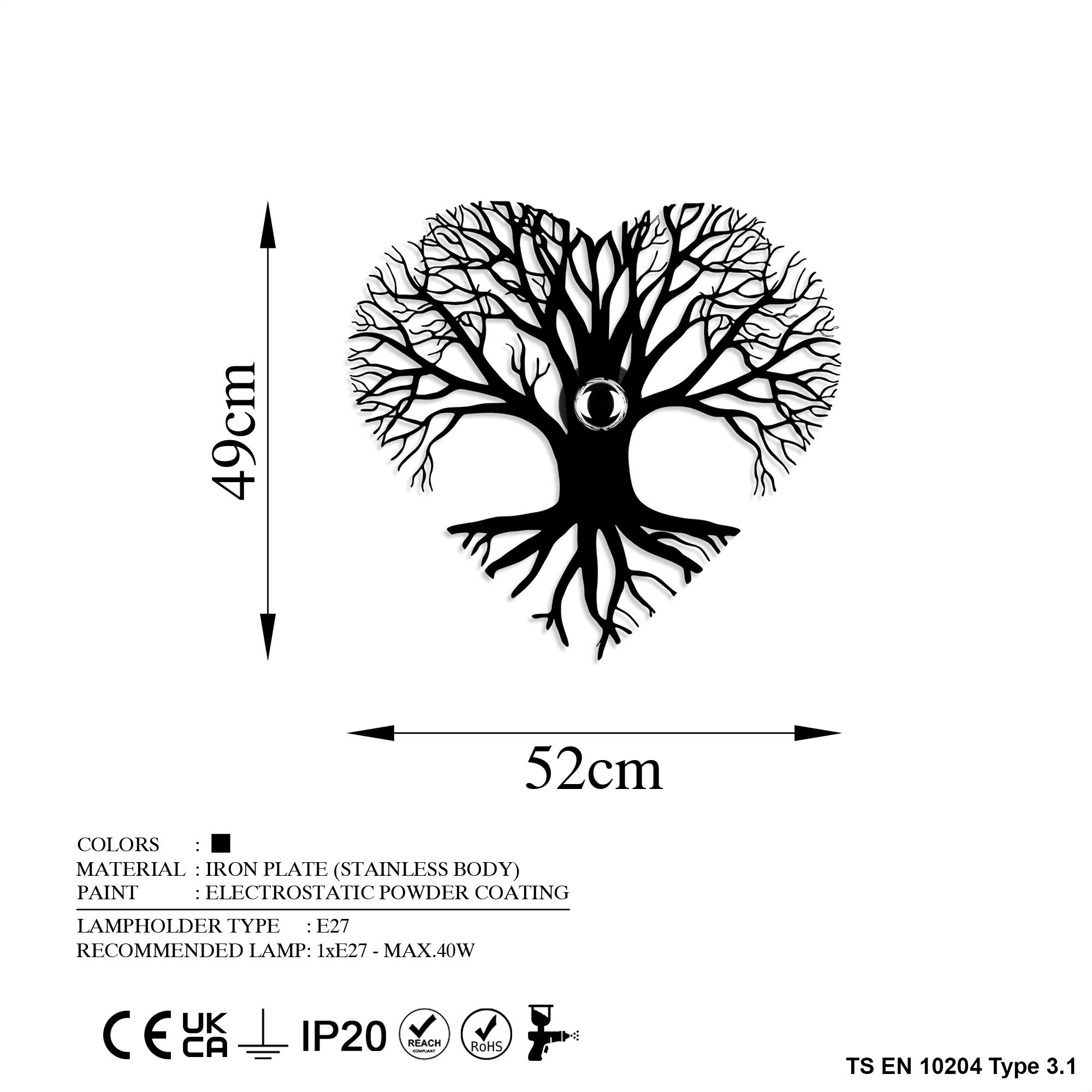 Applique murale décoratif Eyam arbre forme de cœur L52xH49cm Métal Noir