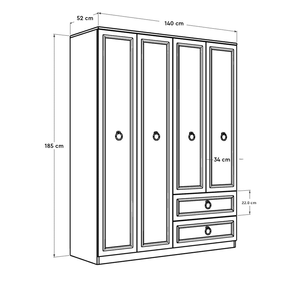 Armoire 4 portes et 2 tiroirs Pahi L140cm Bois Blanc