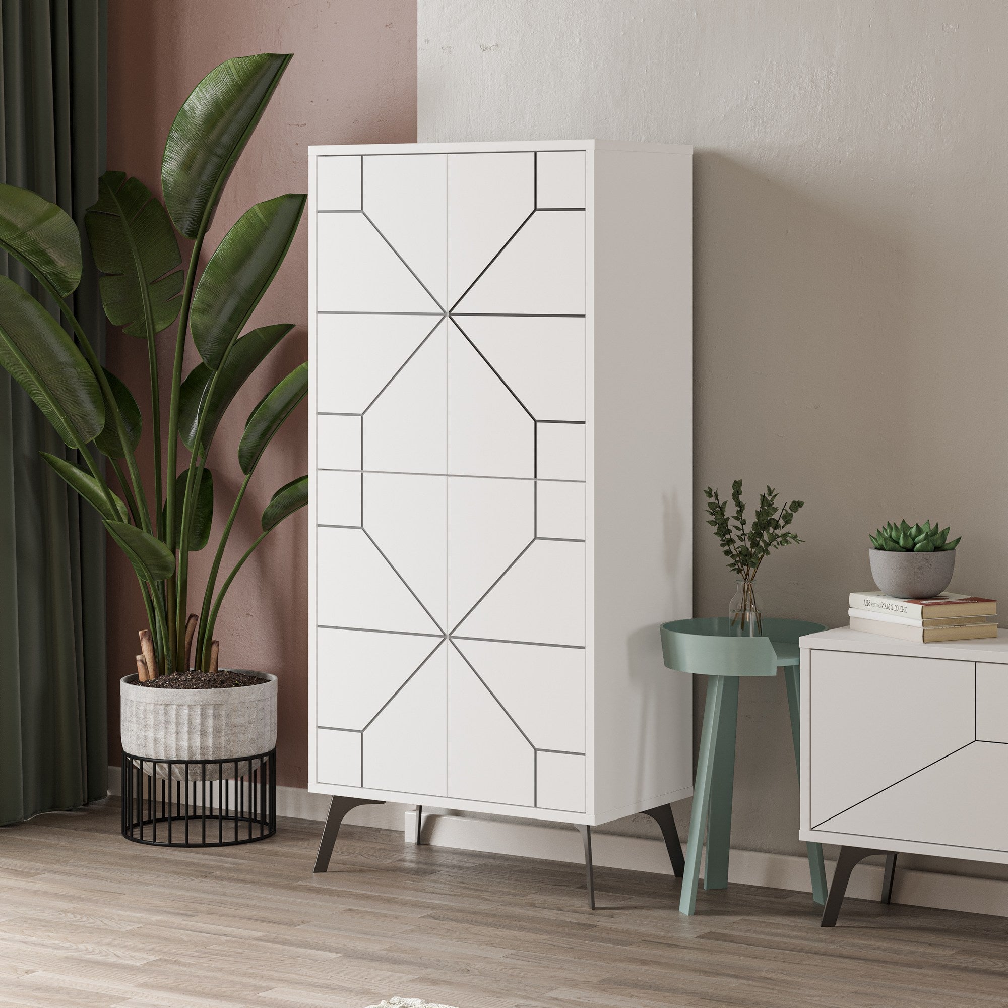 Armoire 4 portes Santos H136cm Motif Géométrique Blanc