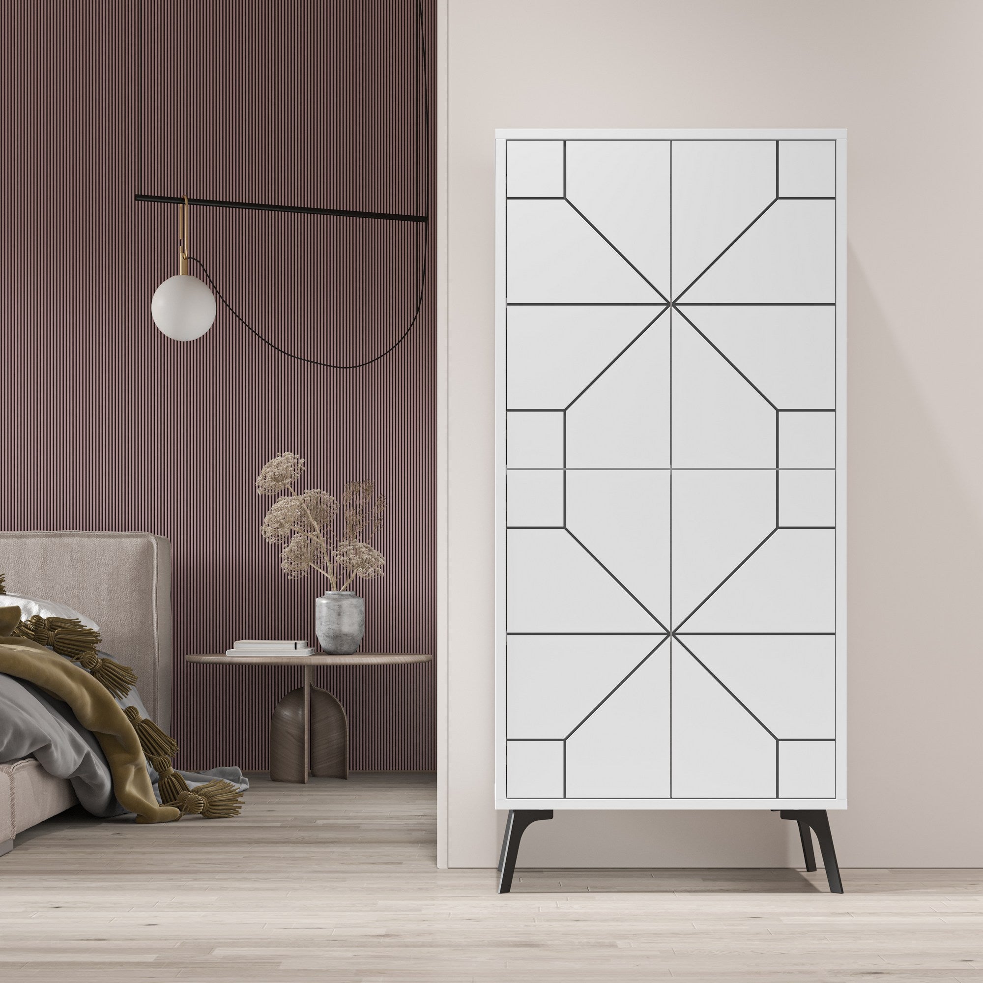 Armoire 4 portes Santos H136cm Motif Géométrique Blanc