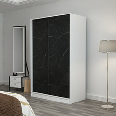 Armoire design 2 portes coulissantes Selong L120xH210cm Blanc et Effet marbre Noir