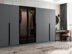 Armoire design 5 portes et 2 portes vitrées Kanowa L315xH210cm Anthracite et Noir