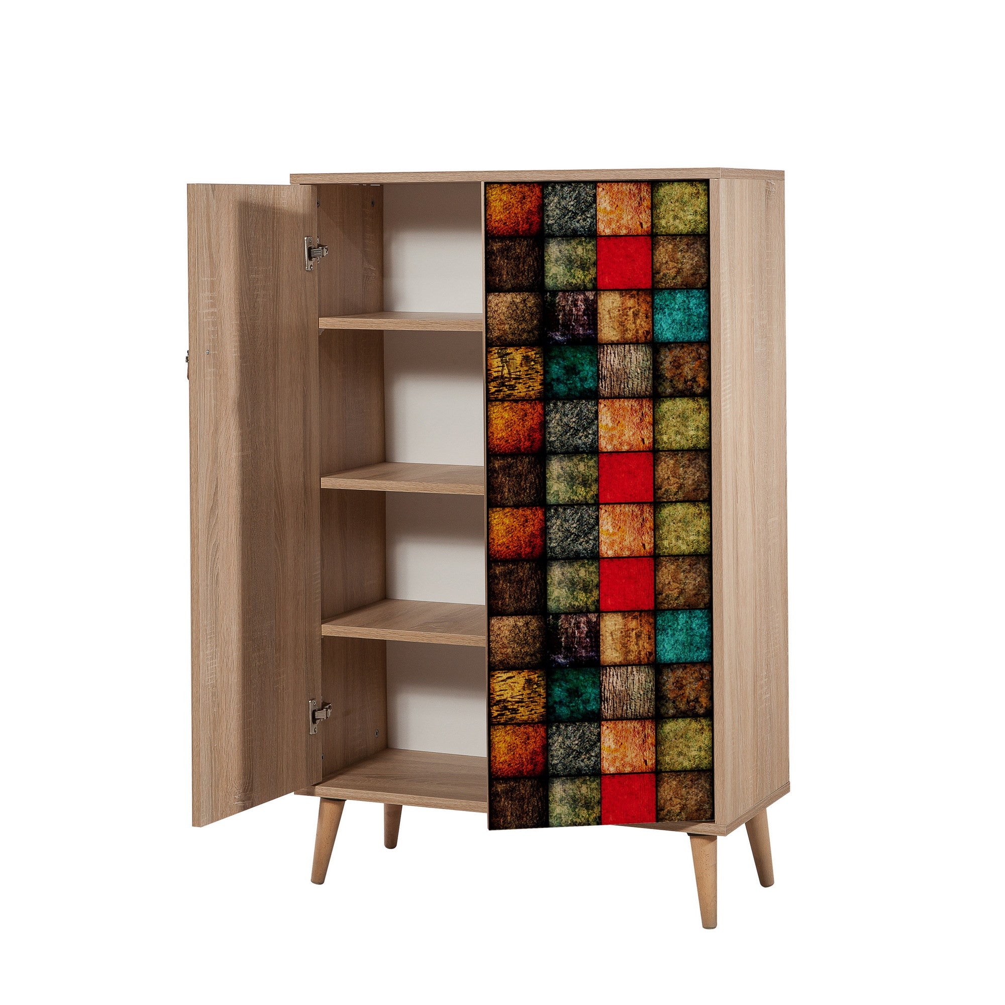 Armoire fermé Repono L80xH127cm Bois Naturel et Motif Carreaux Multicolore