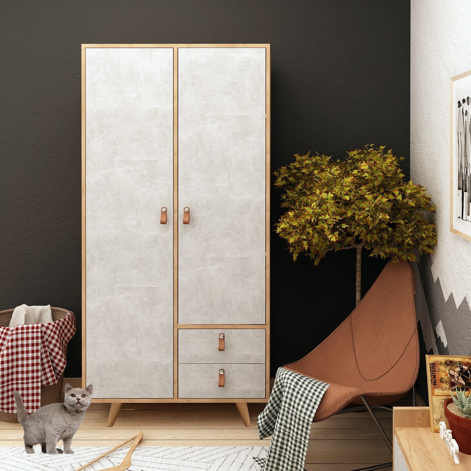 Armoire penderie Firmo L100 x H190 cm Panneau Mélaminé finition Chêne et Gris