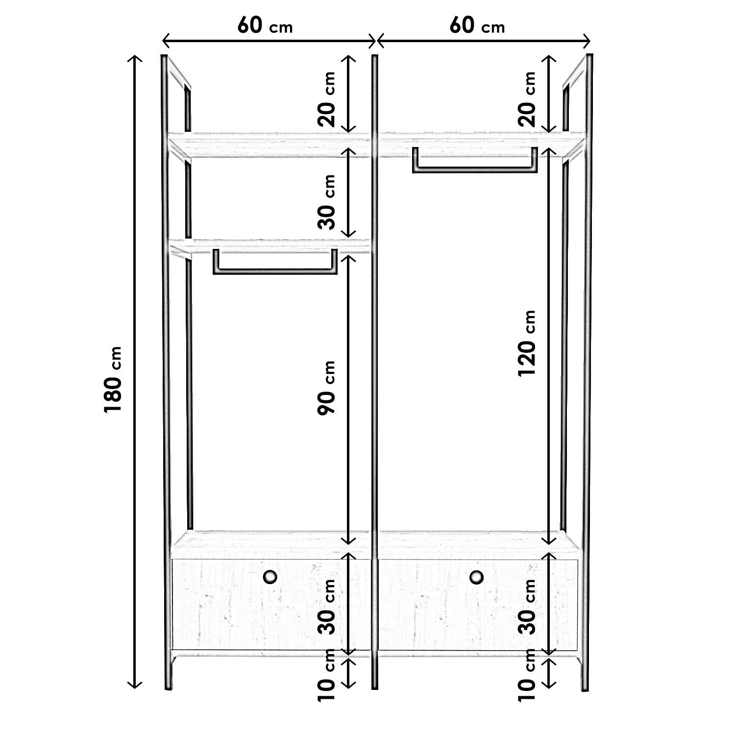 Armoire style industriel 2 tiroirs Piako L120cm Métal Noir et Bois clair