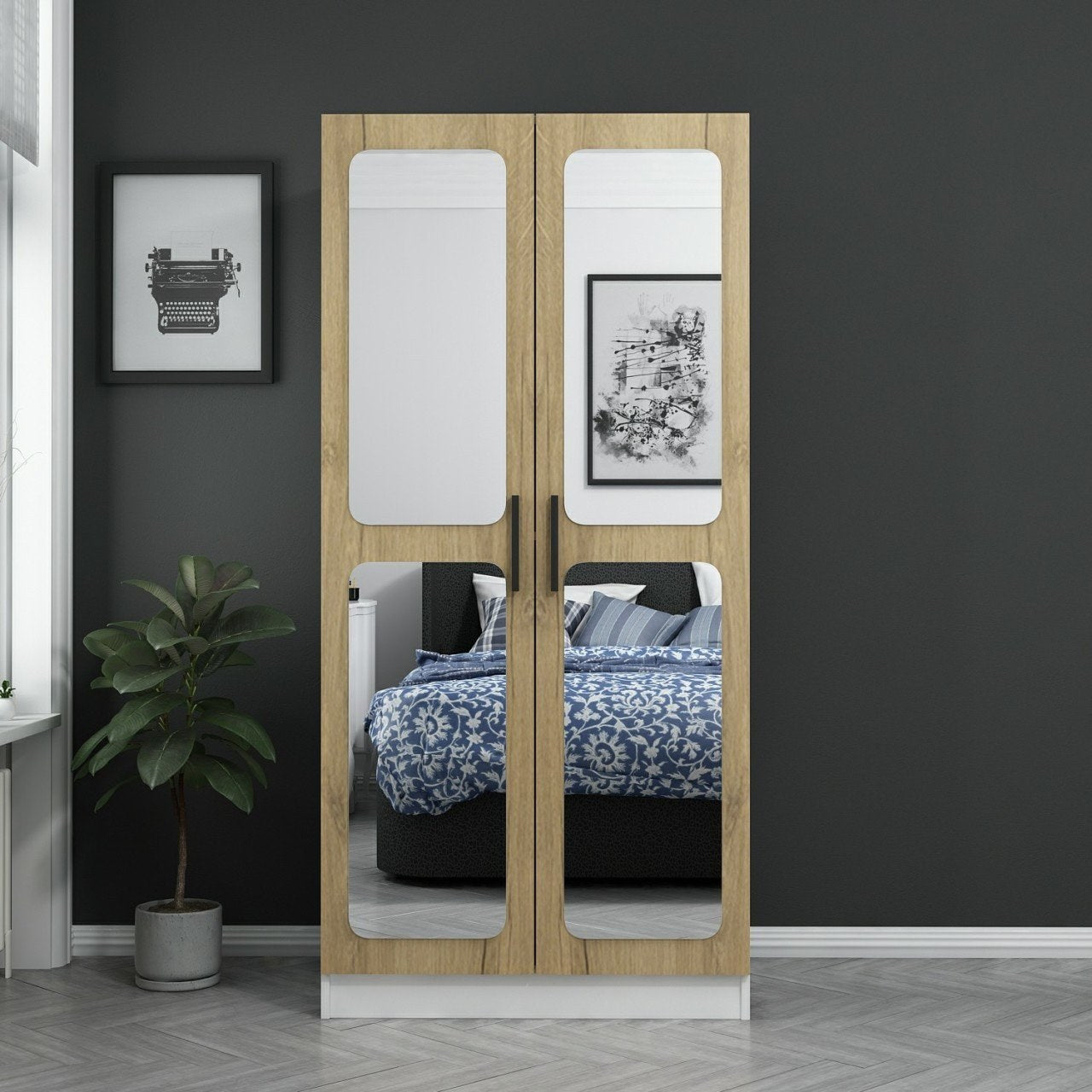 Armoires 2 portes et 4 miroirs Bangko L90xH190cm Bois clair et Blanc