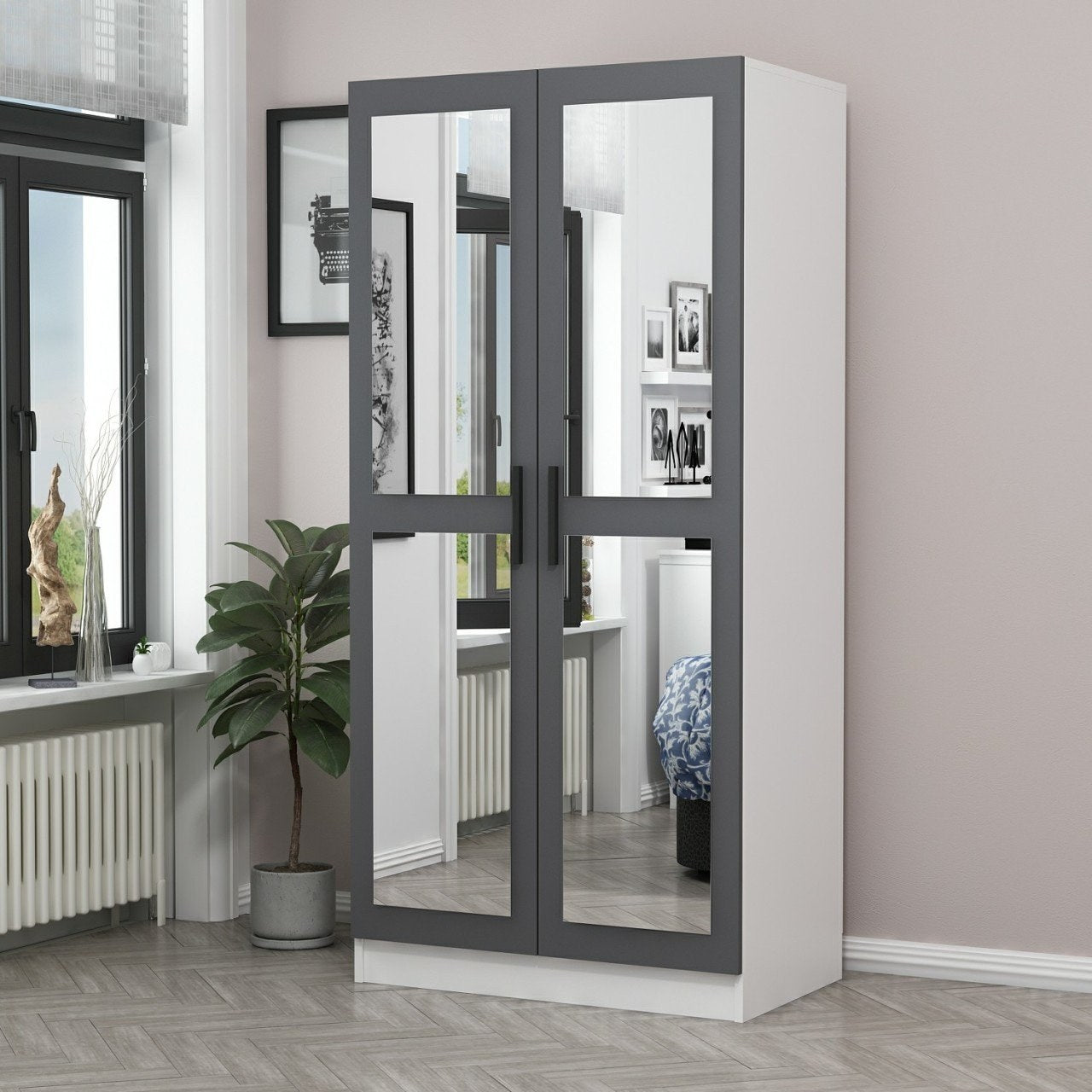 Armoires 2 portes et 4 miroirs Sanur L90xH190cm Anthracite et Blanc