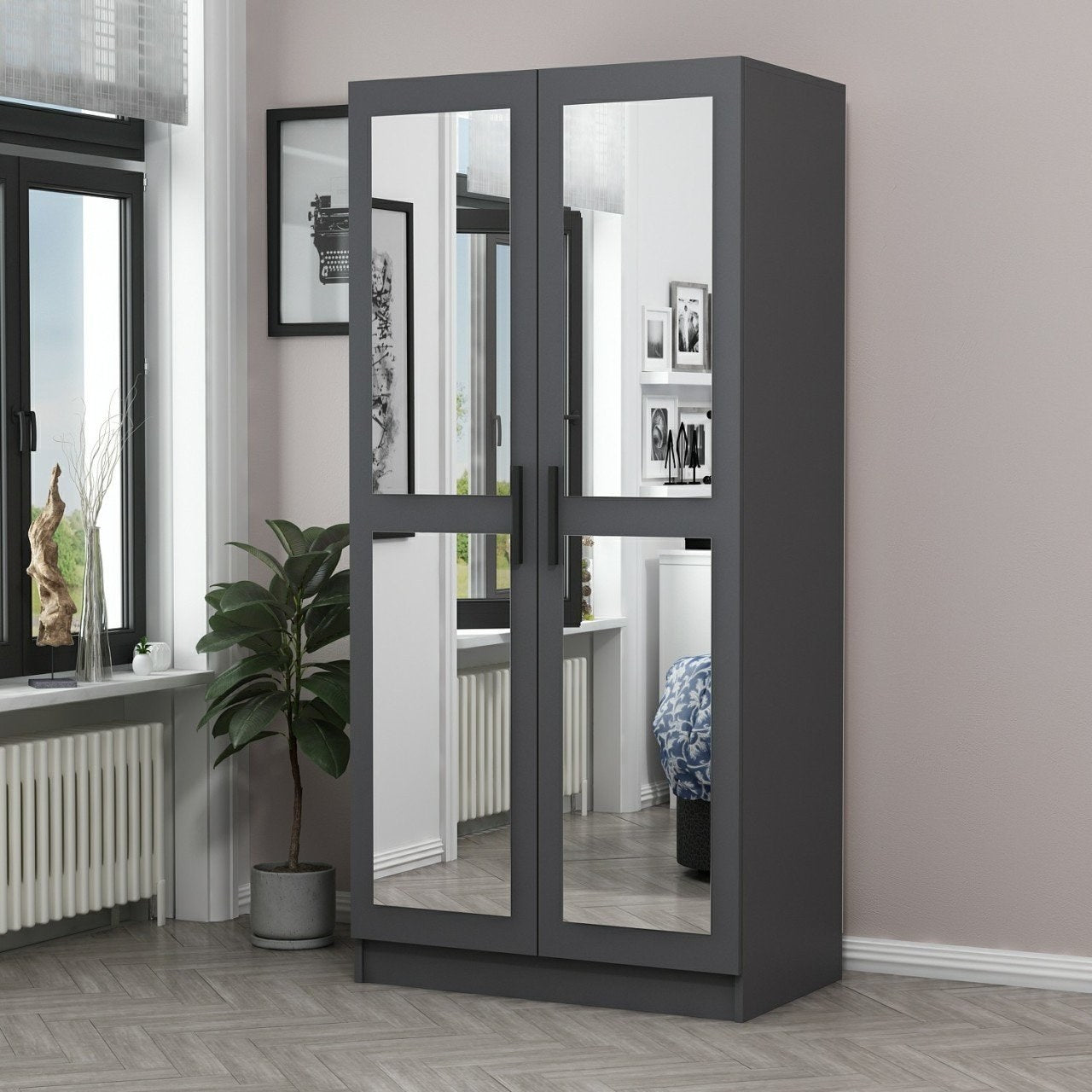 Armoires 2 portes et 4 miroirs Sanur L90xH190cm Anthracite