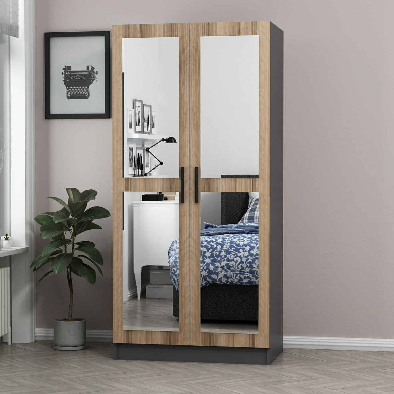 Armoires 2 portes et 4 miroirs Sanur L90xH190cm Chêne clair et Anthracite