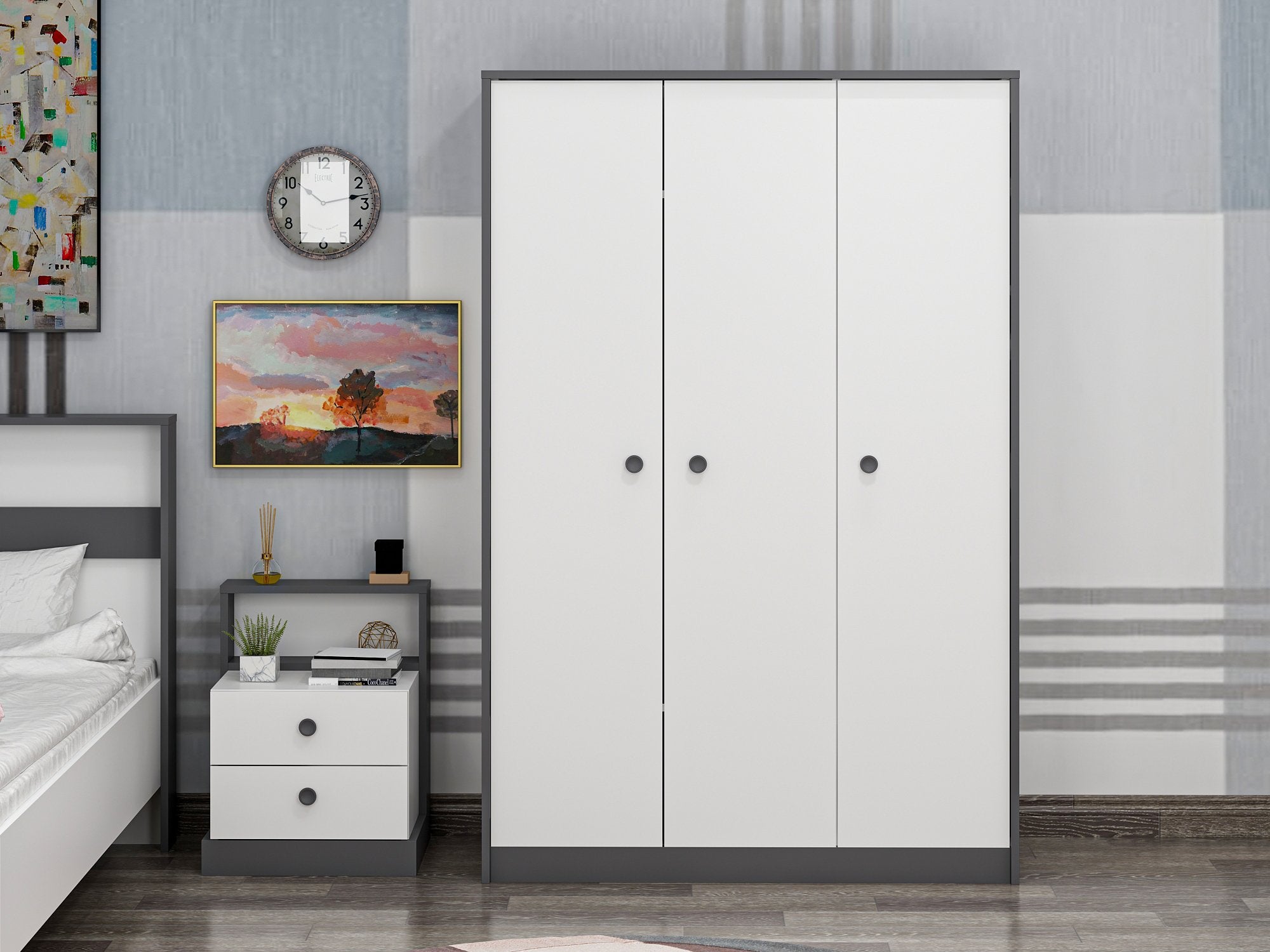 Armoires 3 portes Oaru L120cm Blanc et Anthracite