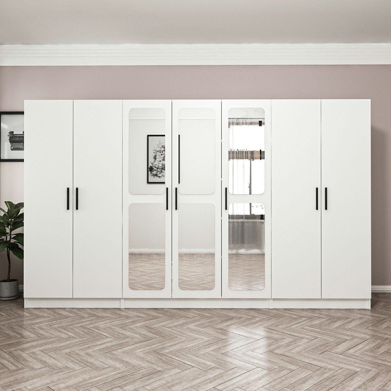 Armoires 7 portes et 6 miroirs Bangka L315xH190cm Blanc