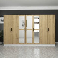 Armoires 7 portes et 6 miroirs Bangka L315xH190cm Bois clair et Blanc