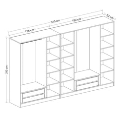 Armoire 7 portes et 6 miroirs Bangka L315xH210cm avec 2 tringles et 4 tiroirs Bois clair