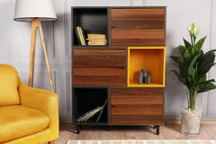 Bibliothèque Lafond L110xH140cm Bois foncé, Anthracite et Jaune