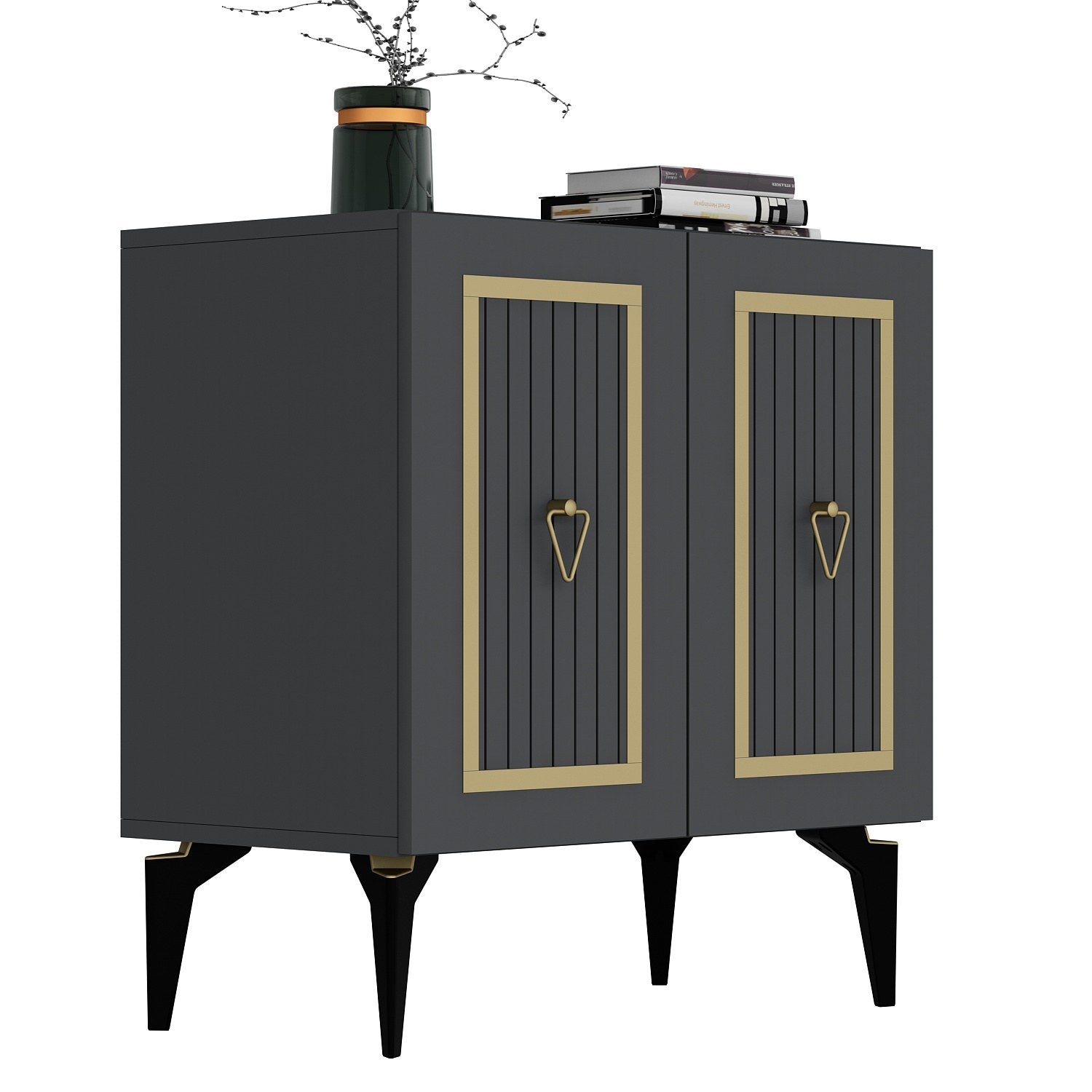 Buffet 2 portes design Alpo L75cm Bois Anthracite Motif Géométrique Or