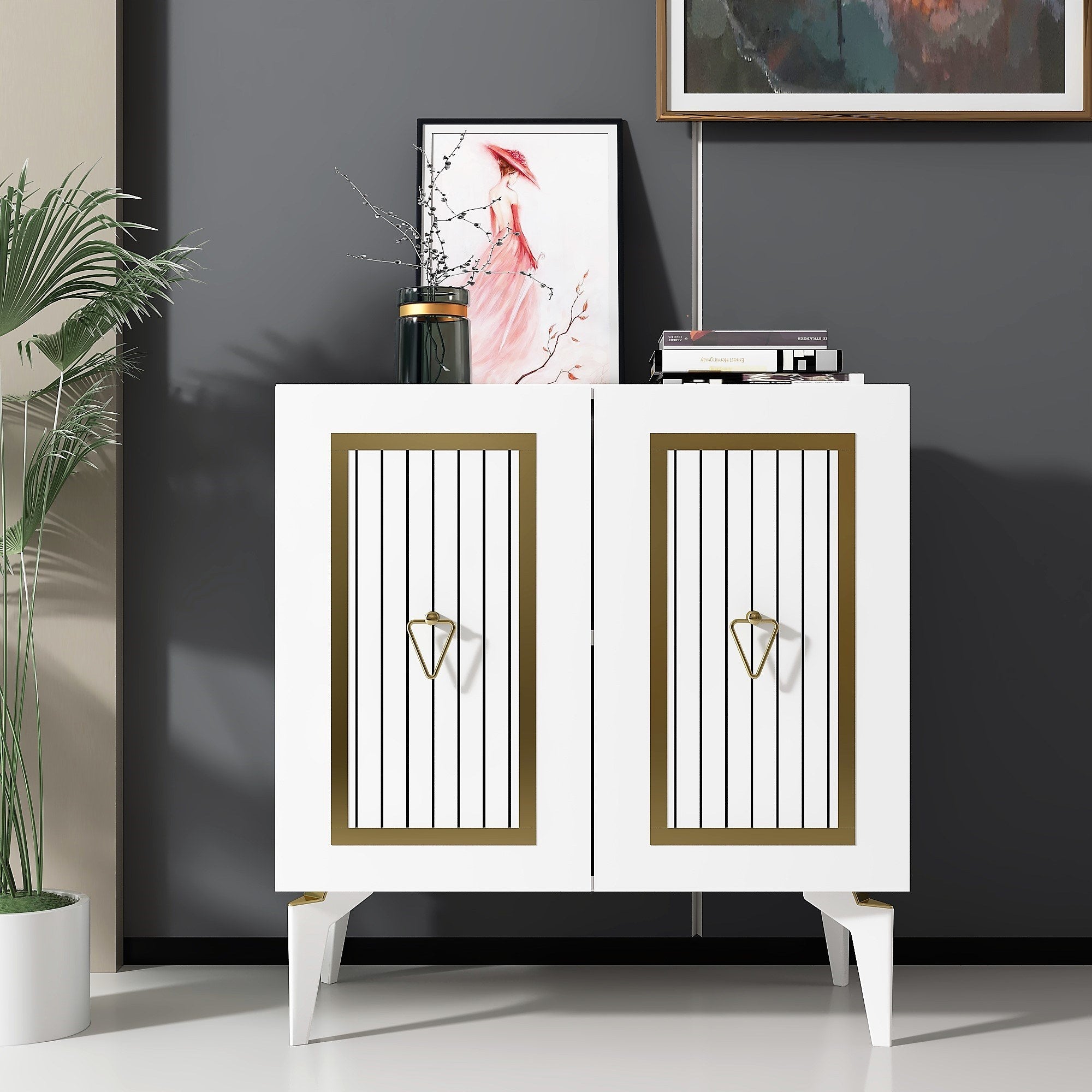 Buffet 2 portes design Alpo L75cm Bois Blanc Motif Géométrique Or