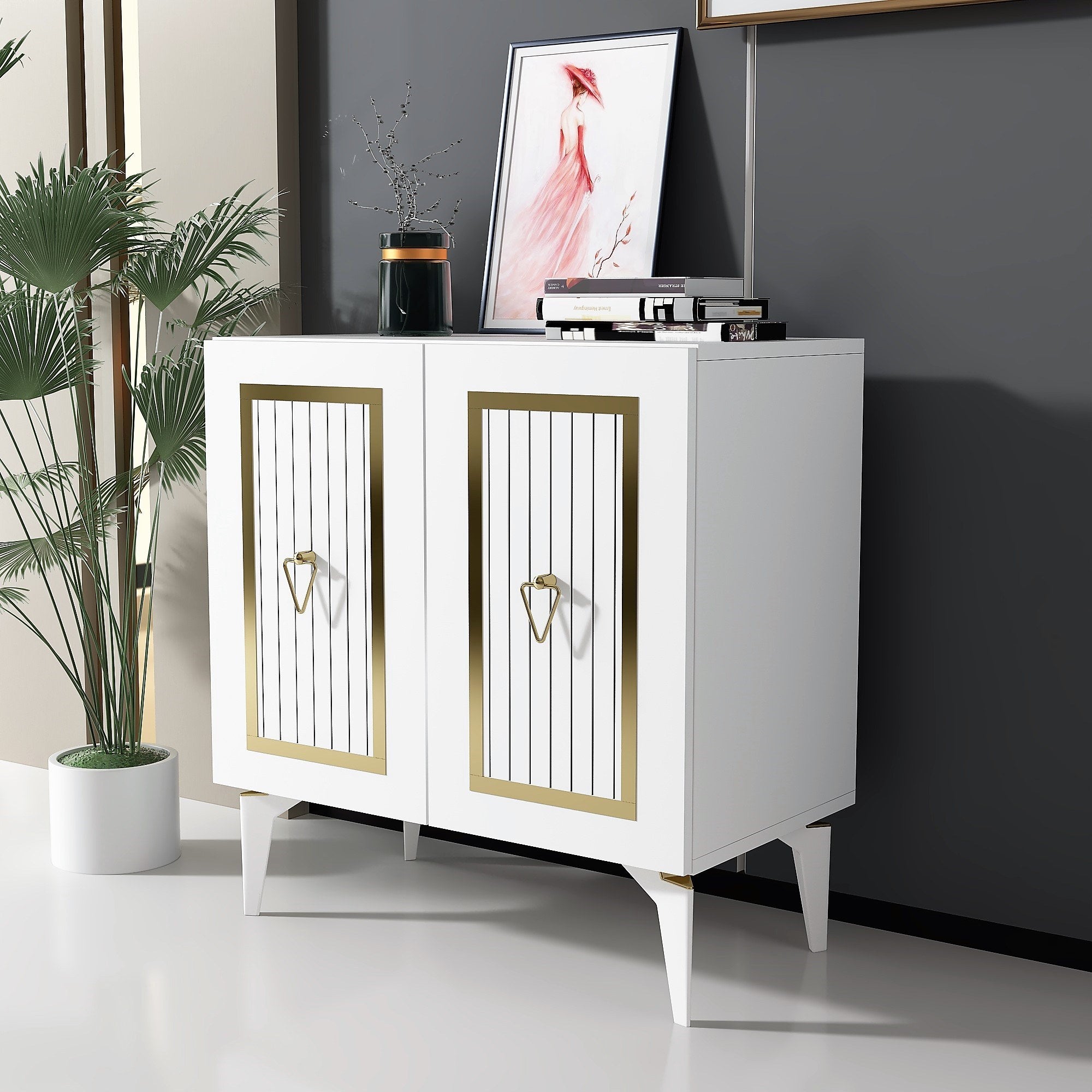 Buffet 2 portes design Alpo L75cm Bois Blanc Motif Géométrique Or