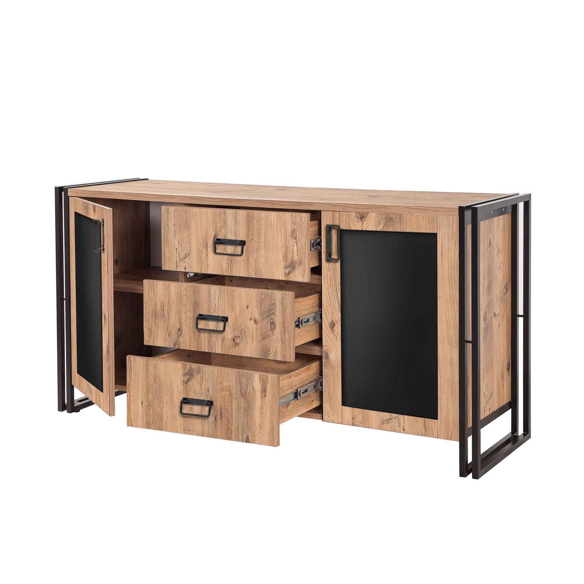 Buffet 2 portes et 3 tiroirs Susana 160x80cm Métal Noir et Bois Naturel