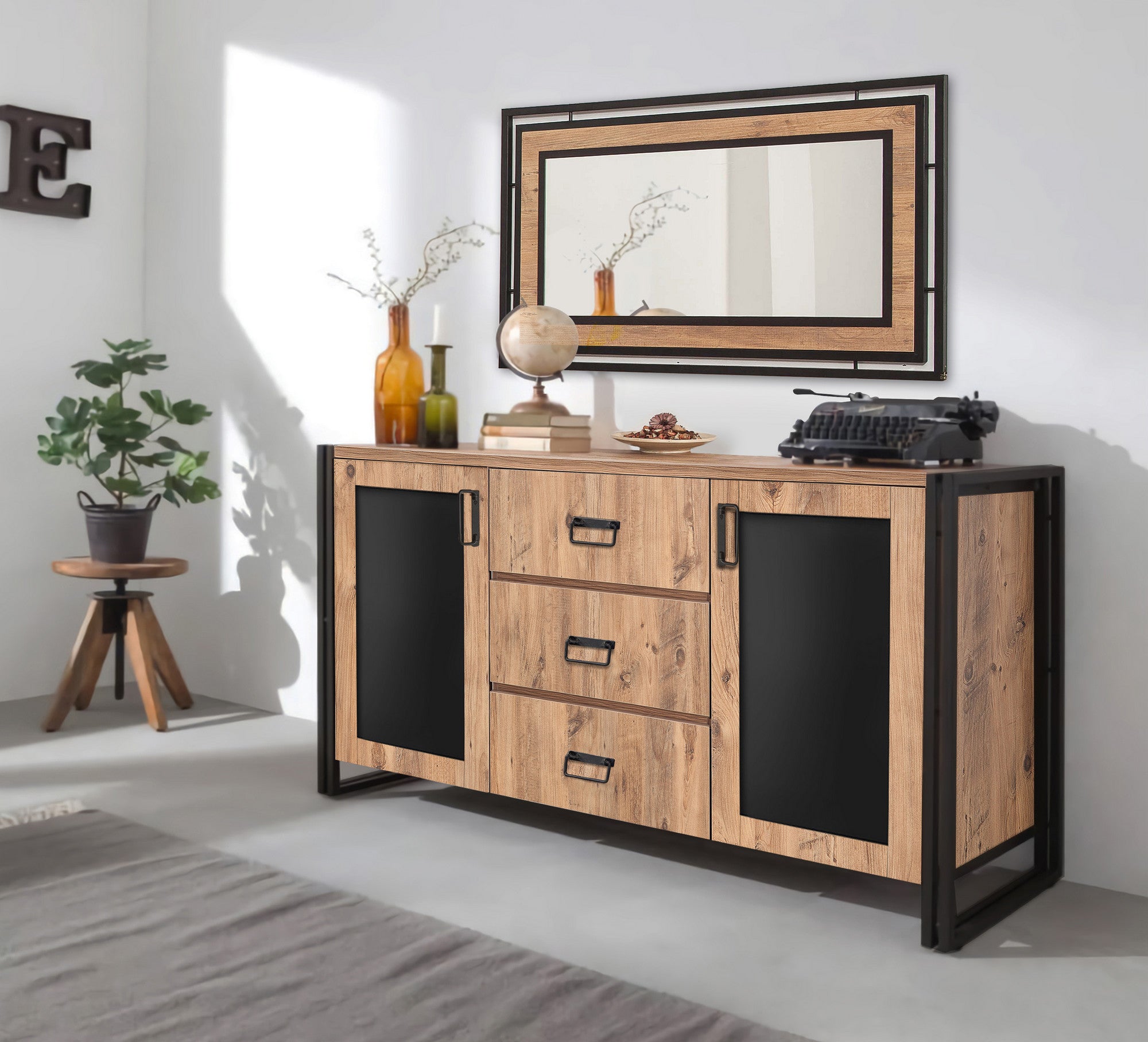 Buffet 2 portes et 3 tiroirs Susana 160x80cm Métal Noir et Bois Naturel