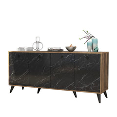 Buffet 4 portes Ancon 180x80cm Bois Naturel et Noir effet marbre