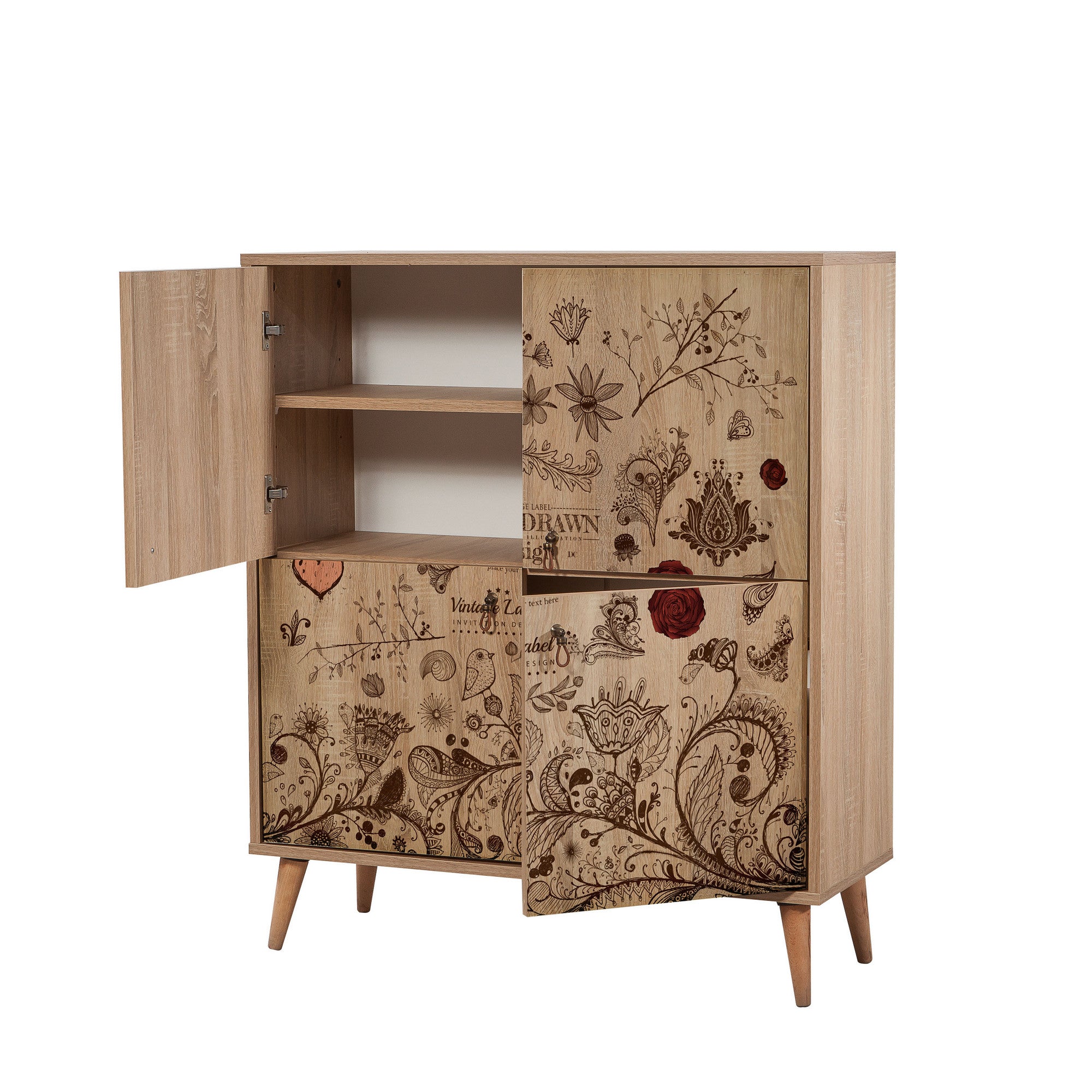 Buffet 4 portes Soho 95x111cm Motif Oiseaux et fleurs Bois Naturel et Marron