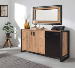 Buffet bas 3 portes Senlid 140cm Métal Noir et Bois Naturel