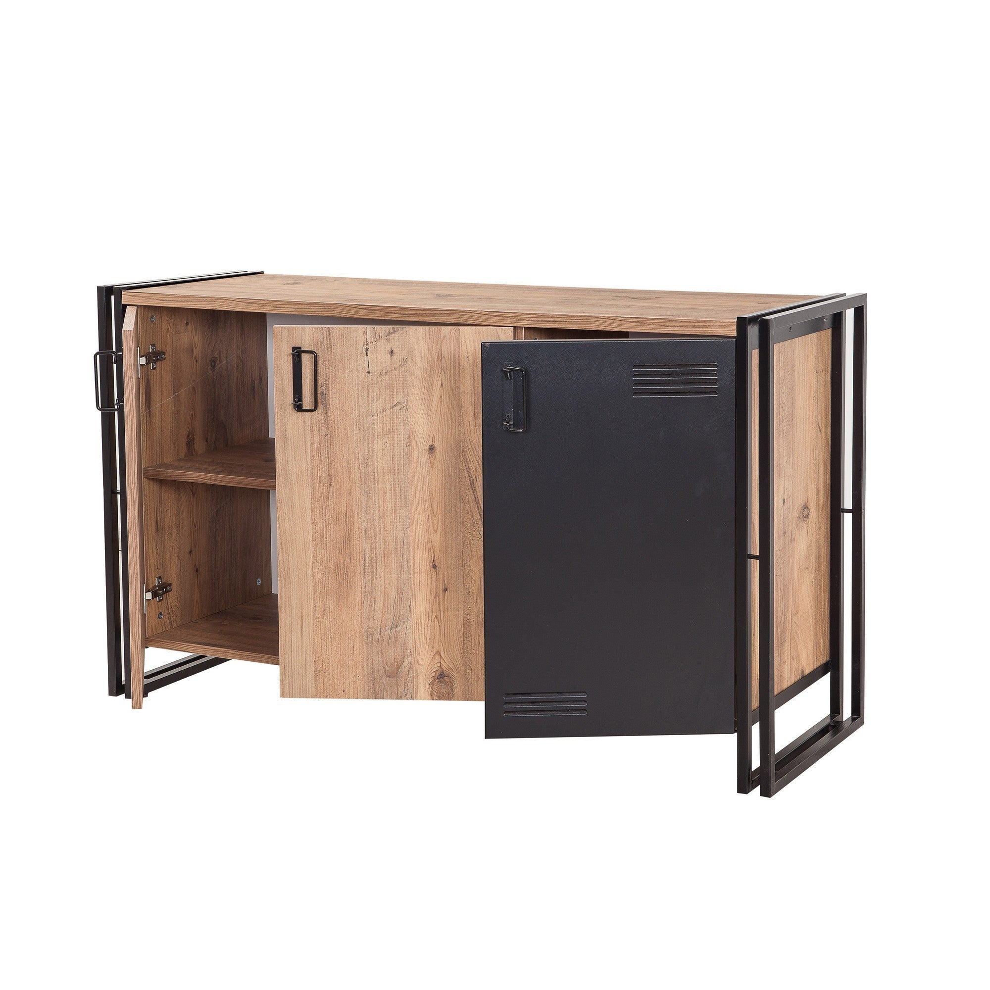 Buffet bas 3 portes Senlid 140cm Métal Noir et Bois Naturel