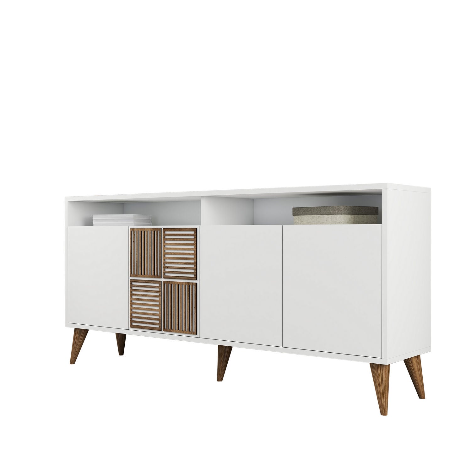 Buffet bas 4 portes et 2 tiroirs Kaltes L160cm Blanc et Bois