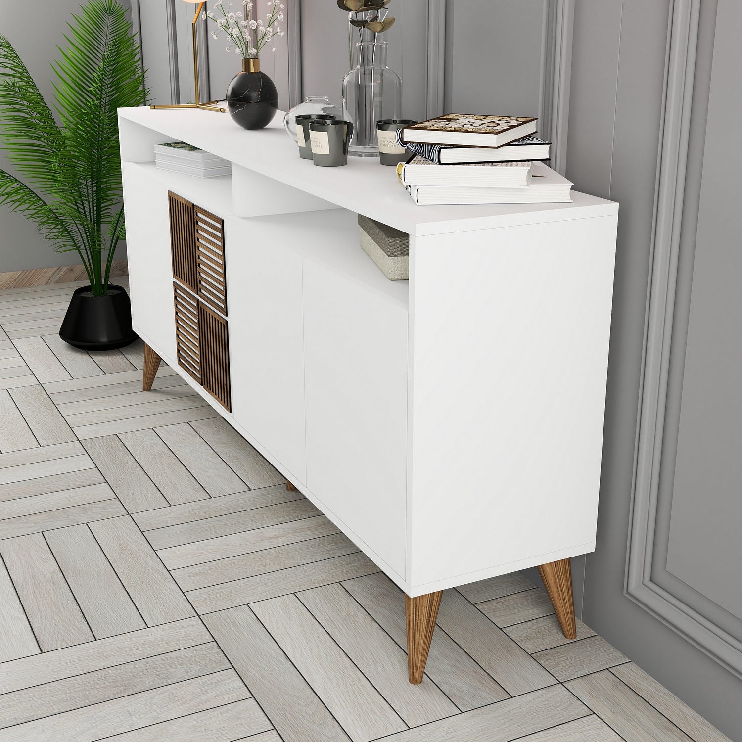 Buffet bas 4 portes et 2 tiroirs Kaltes L160cm Blanc et Bois