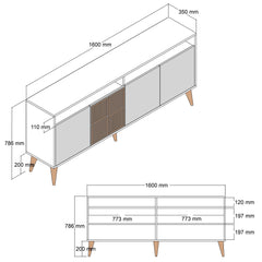 Buffet bas 4 portes et 2 tiroirs Kaltes L160cm Blanc et Bois