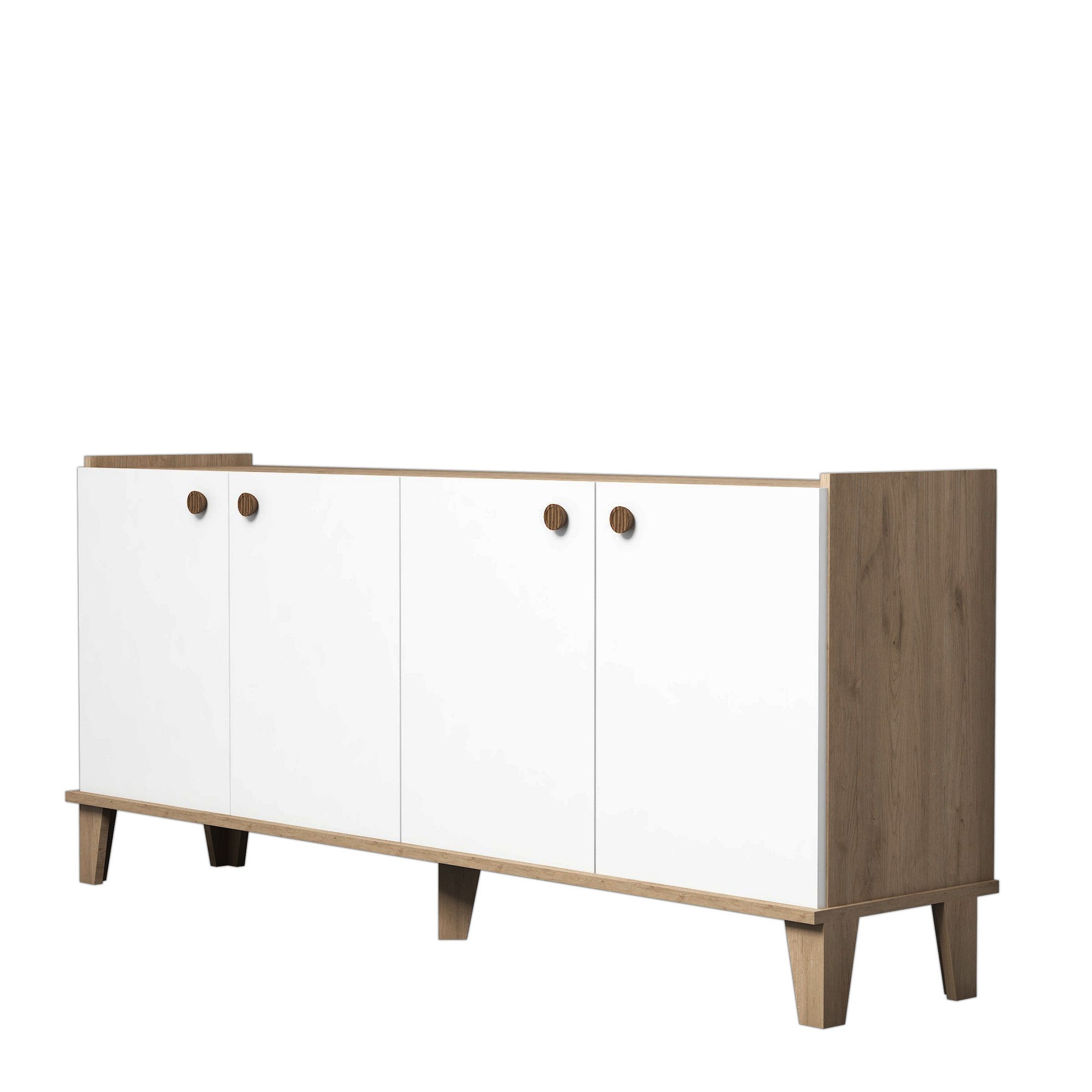 Buffet bas 4 portes Niden 180cm Bois Blanc et Chêne clair