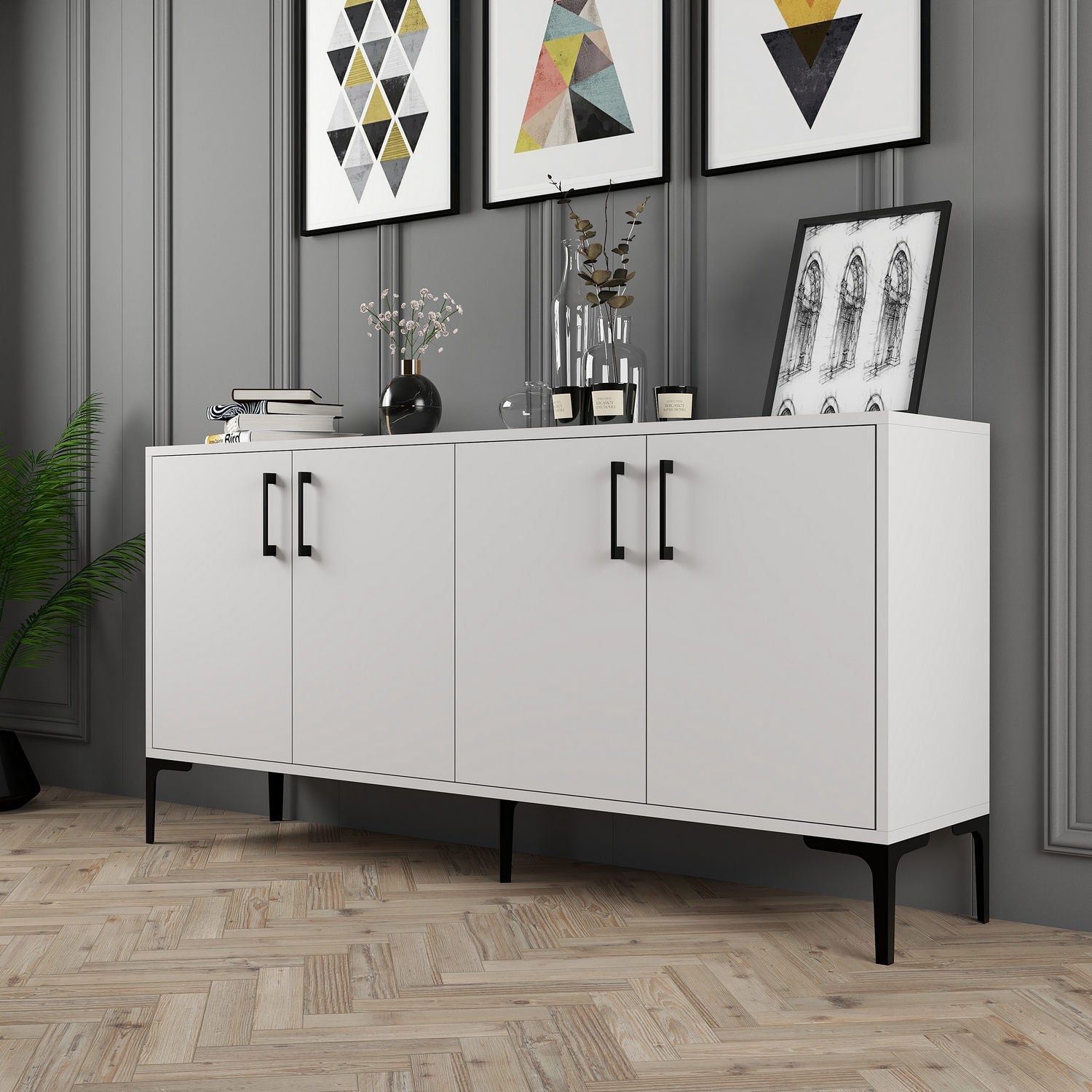 Buffet bas 4 portes Vranus 160cm Bois Blanc et Métal Noir