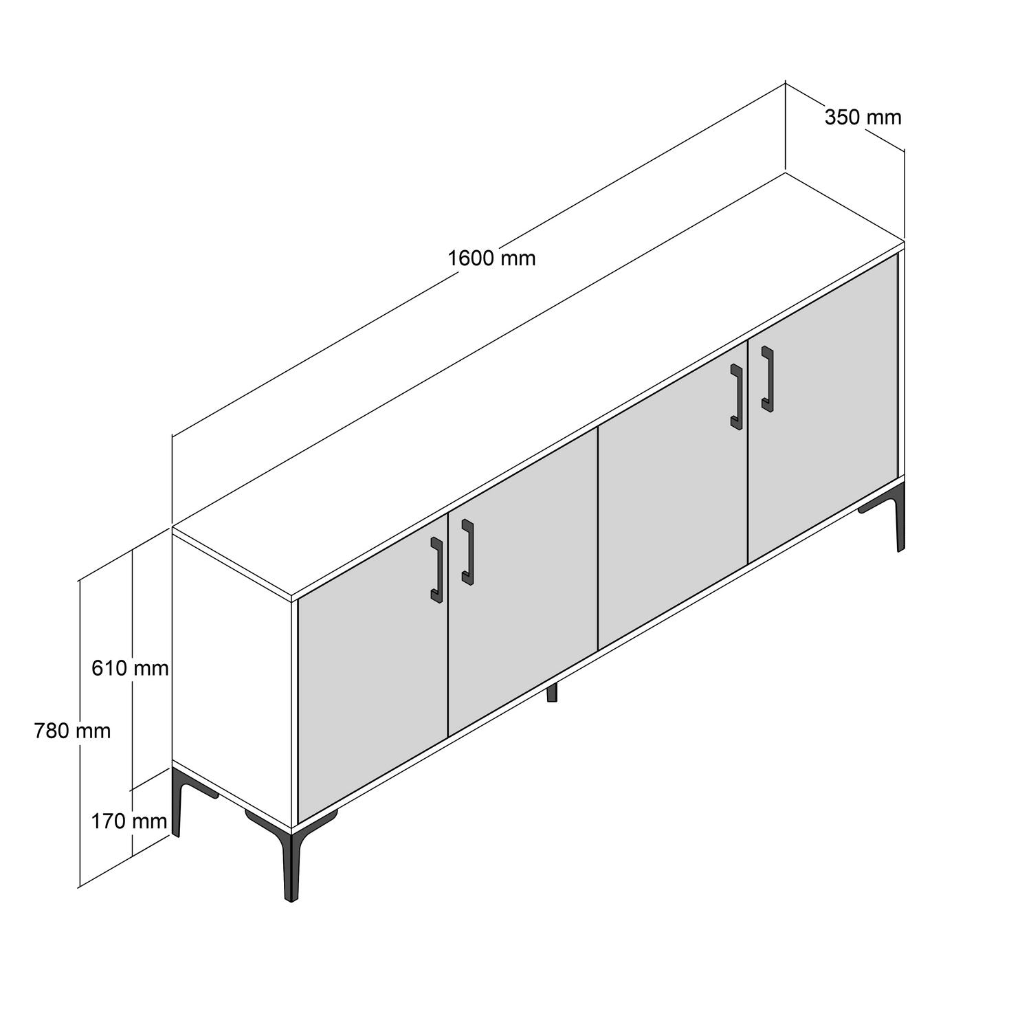 Buffet bas 4 portes Vranus 160cm Bois Blanc et Métal Noir