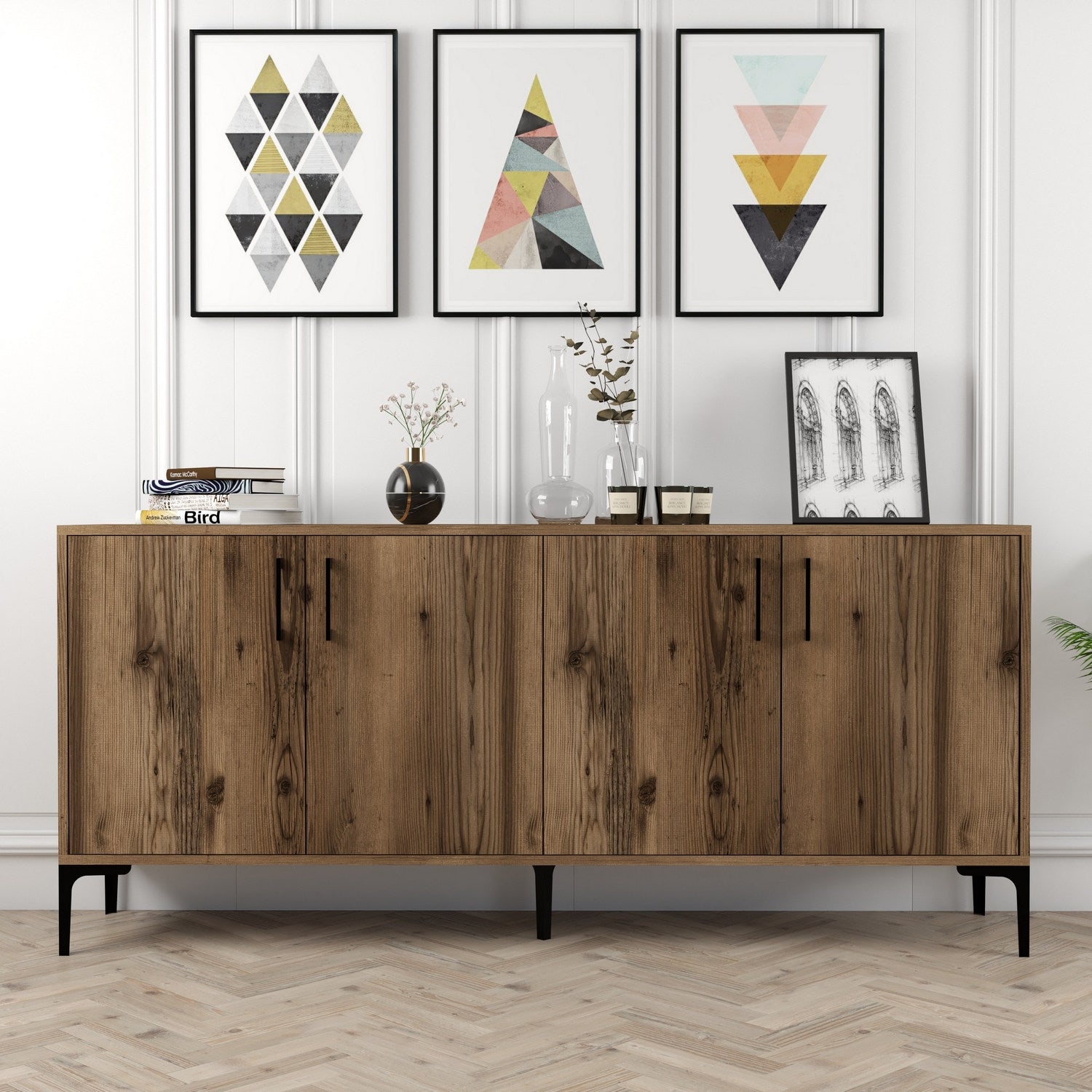 Buffet bas 4 portes Vranus 180cm Bois Naturel et Métal Noir