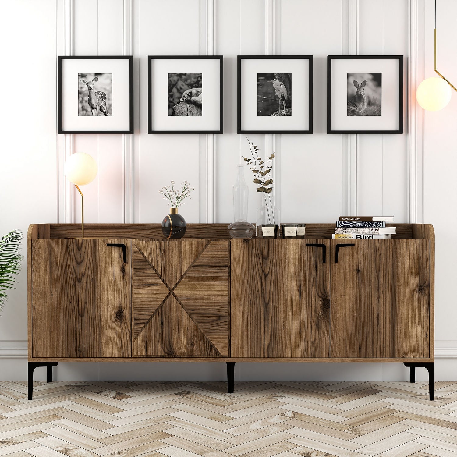 Buffet bas 4 portes Zenger 180cm Bois Naturel et Métal Noir