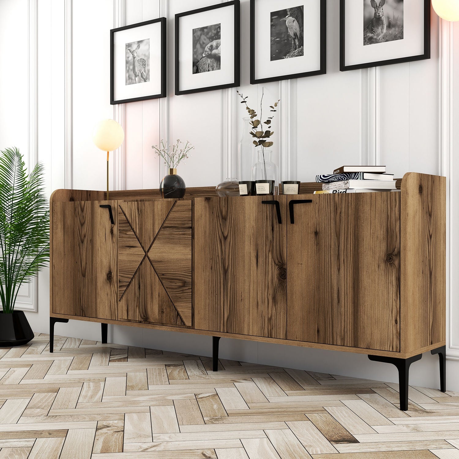 Buffet bas 4 portes Zenger 180cm Bois Naturel et Métal Noir