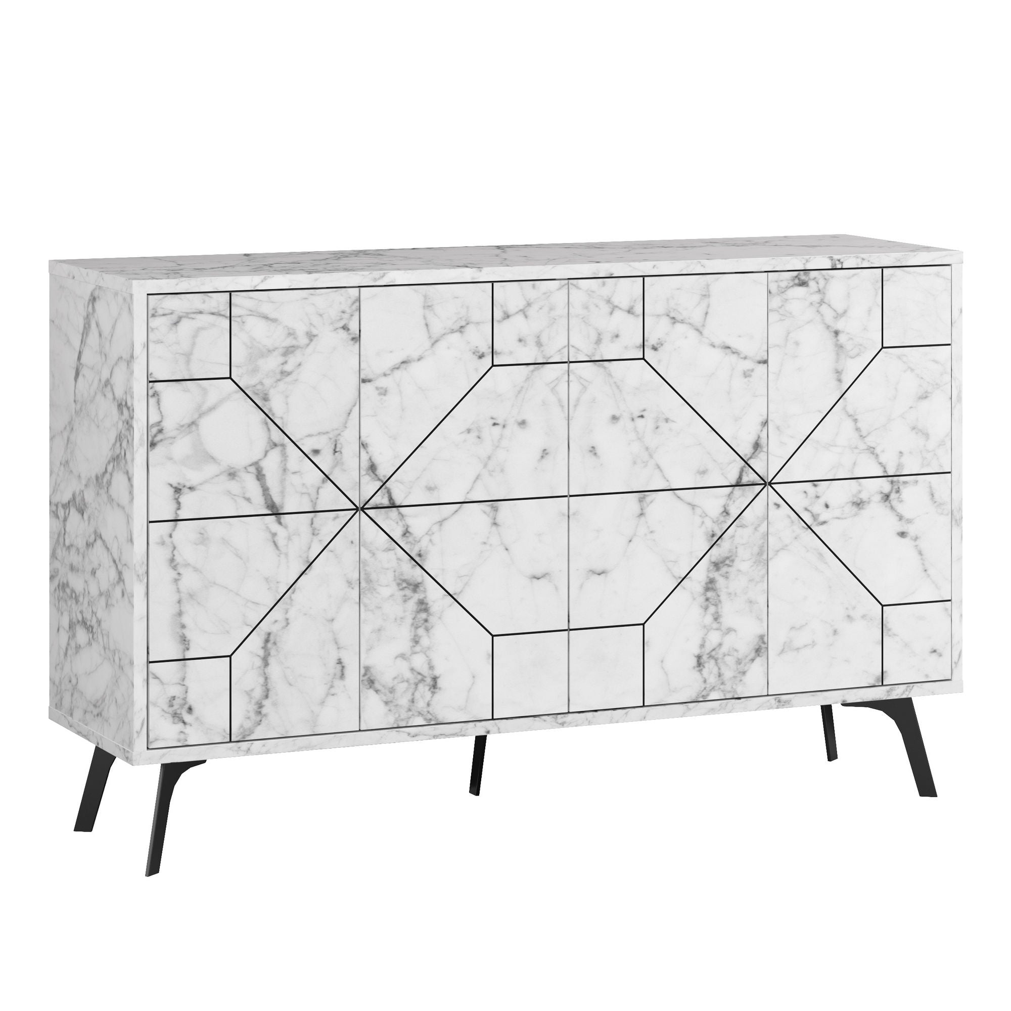 Buffet bas Santos 123cm Bois Effet marbre motif géométrique Blanc