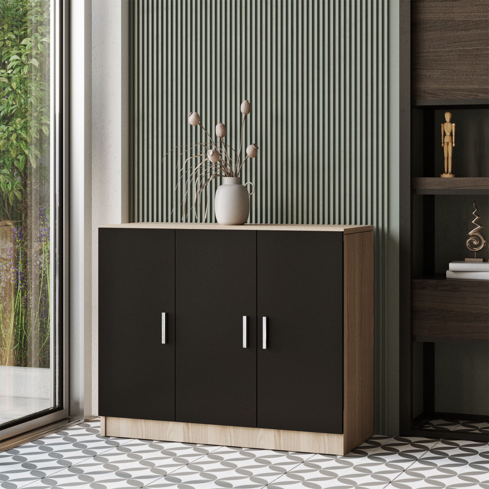 Buffet contemporain 3 portes L89cm Vioda Chêne clair et Noir