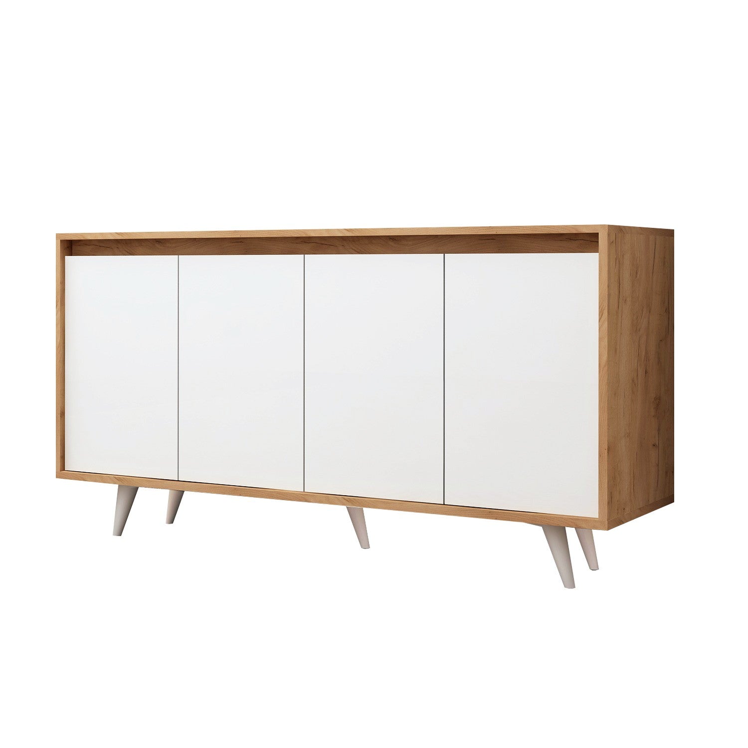 Buffet haut 4 portes Ophixis 140cm Bois Blanc et Chêne