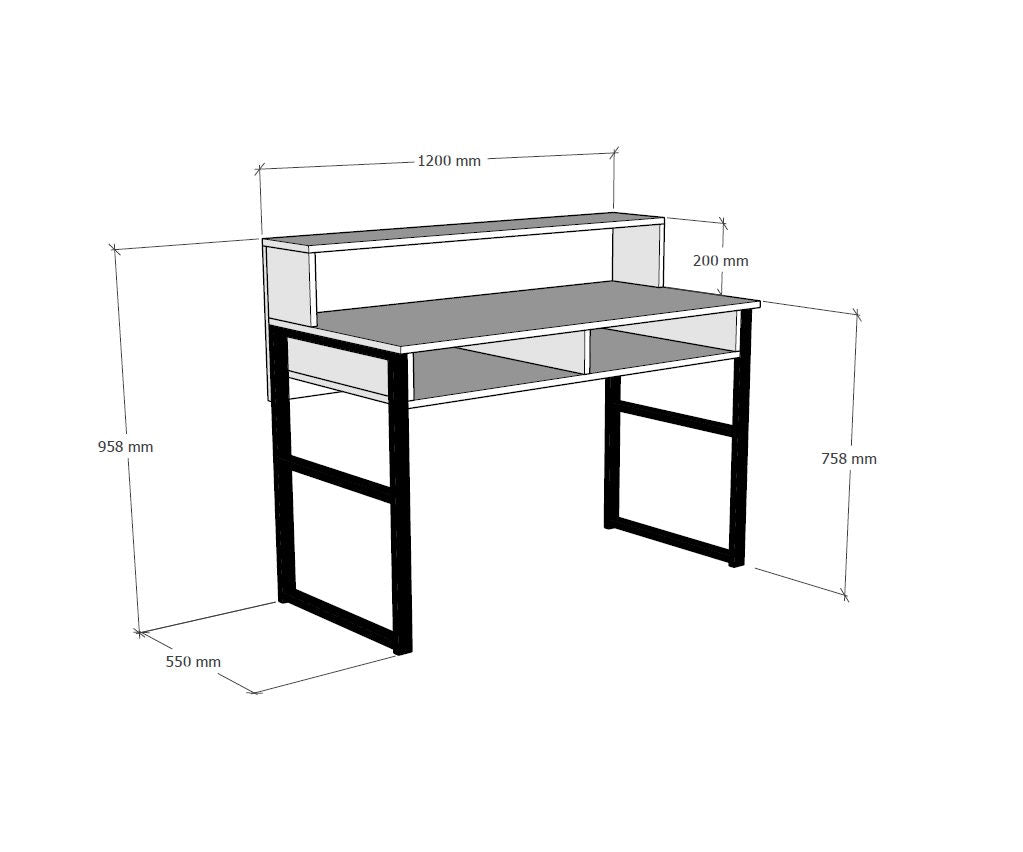 Bureau 2 compartiments et étagère Bruni 120cm Métal Noir et Bois Naturel