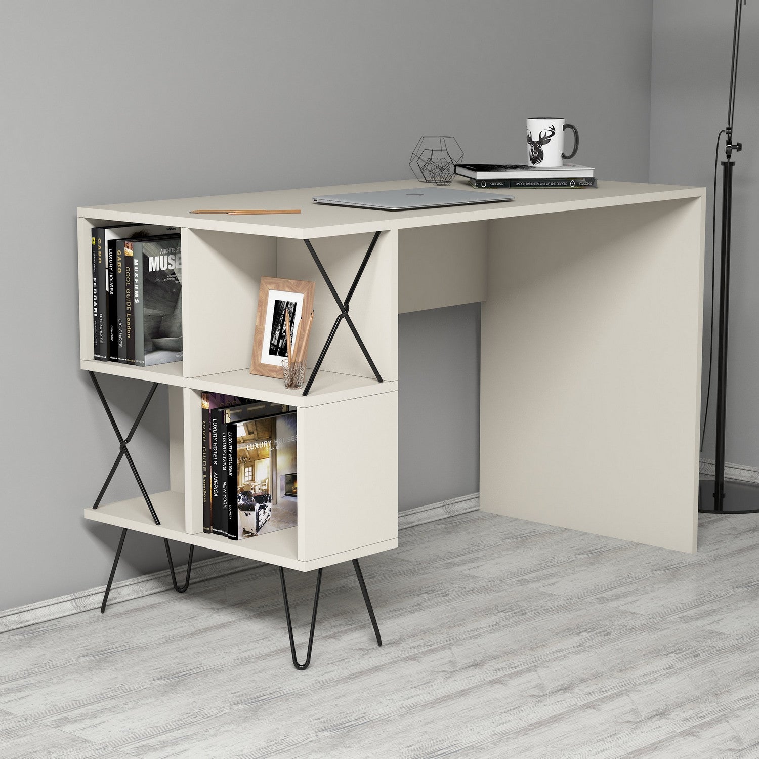 Bureau 2 étagères Cirka 120x78cm Bois Blanc Crème