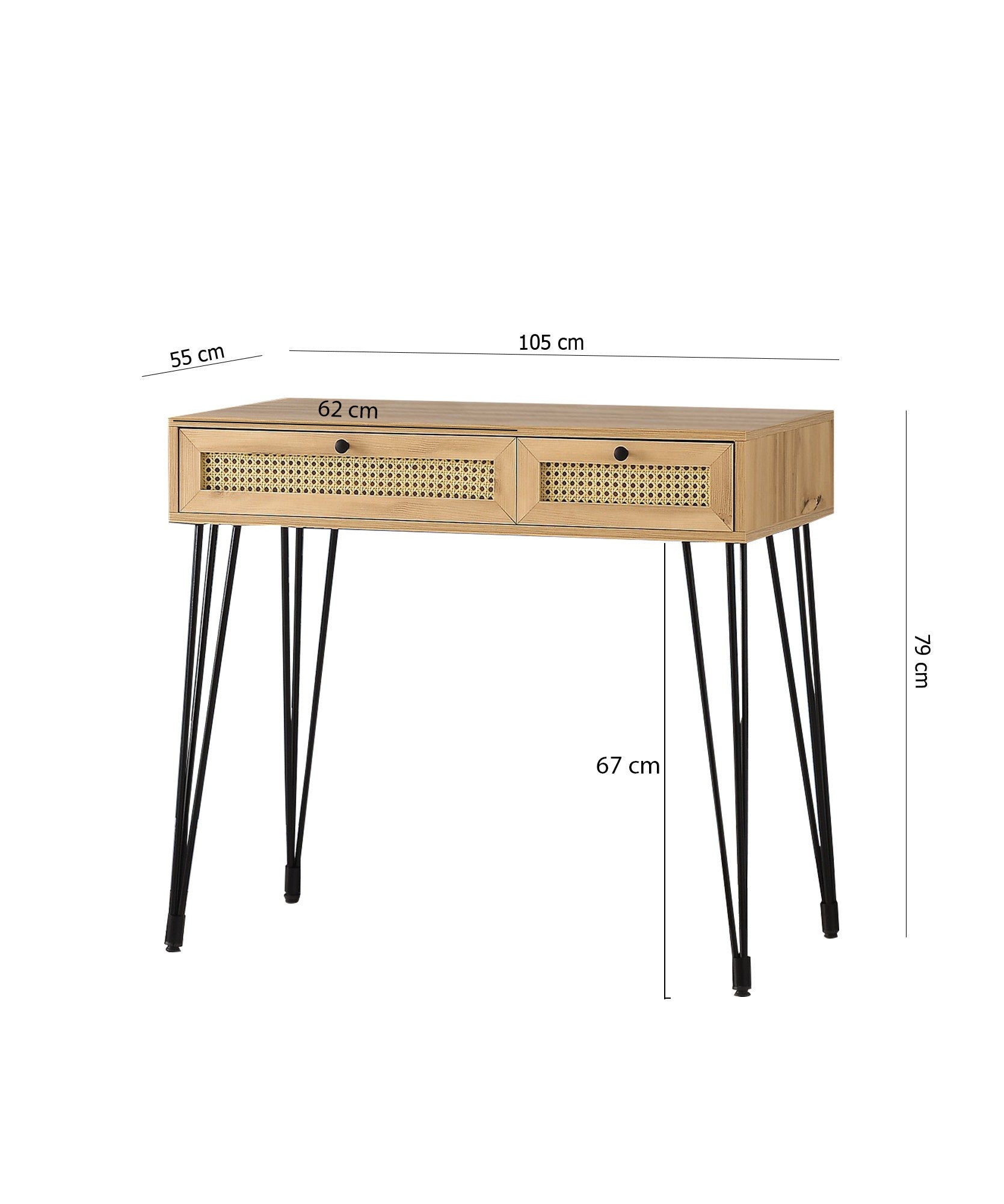 Bureau 2 tiroirs Weber 105cm Bois Naturel et Métal Noir