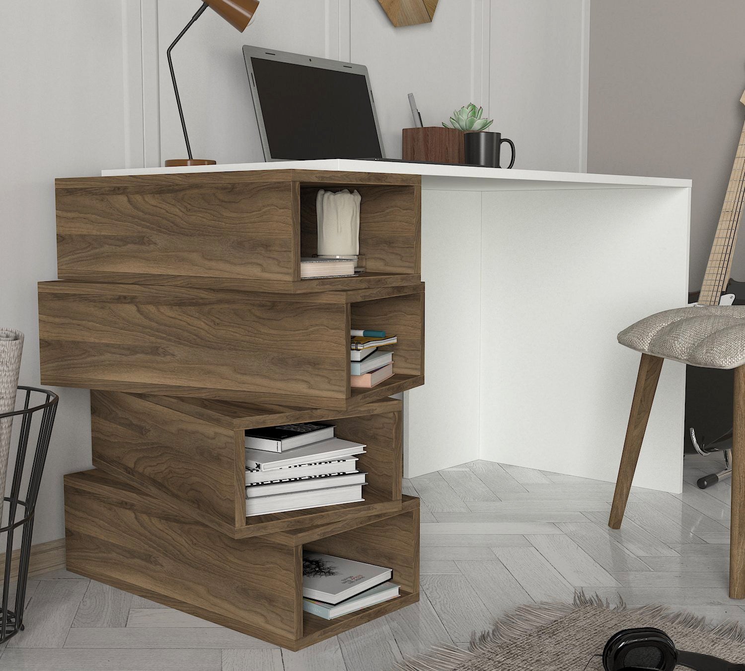 Bureau 4 étagères Elmer 130cm Bois Naturel et Blanc