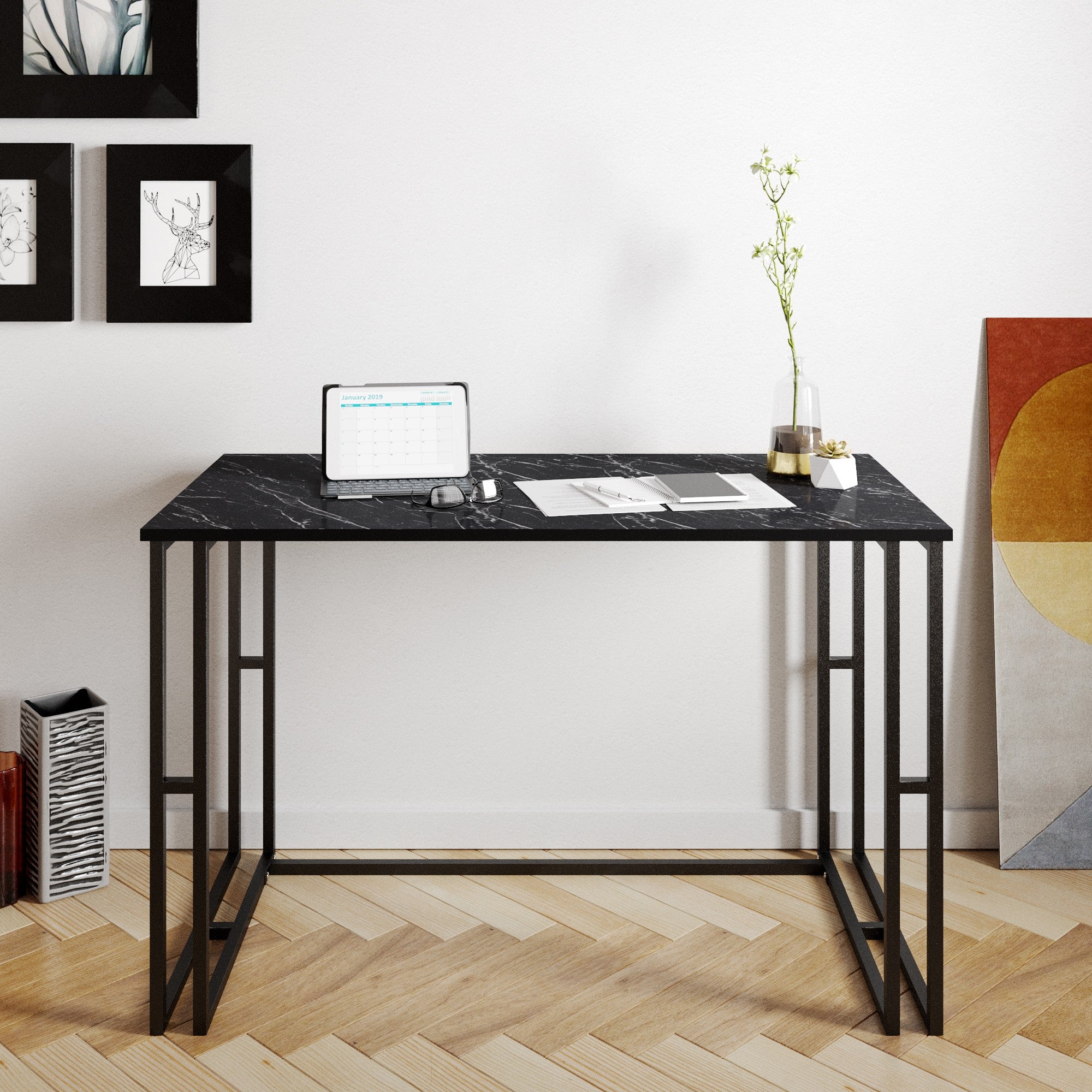 Bureau Adisu L120cm Métal Noir et Bois Effet Marbre Noir