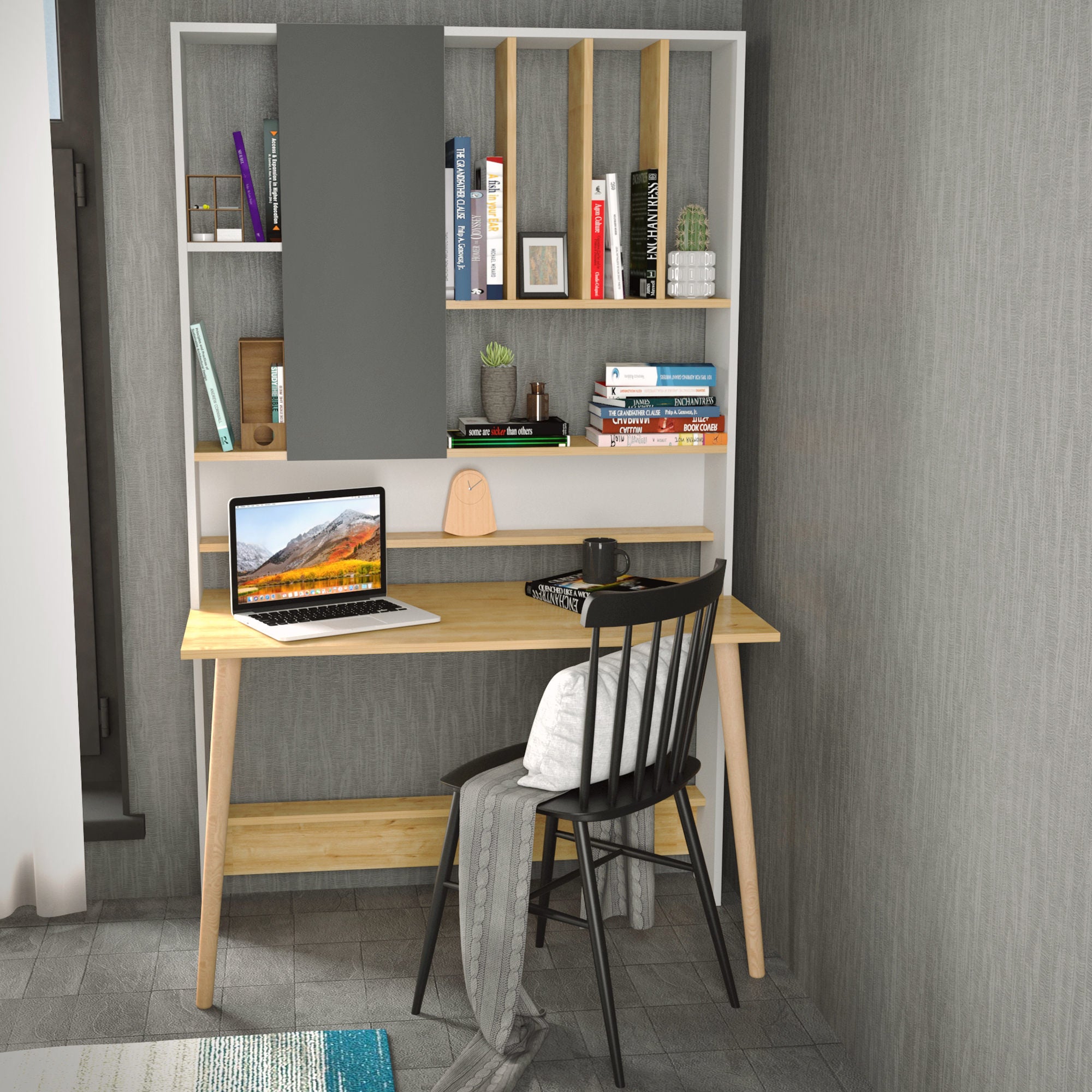 Bureau avec étagère Fekadu L120cm Chêne clair, Blanc et Anthracite