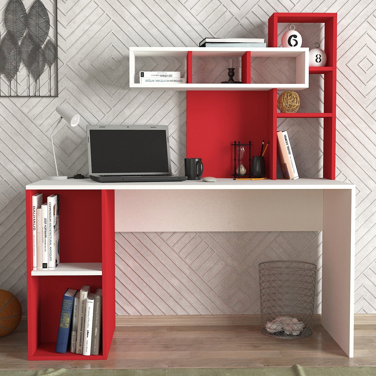 Bureau avec étagère intégré Cicero Bois Rouge et Blanc